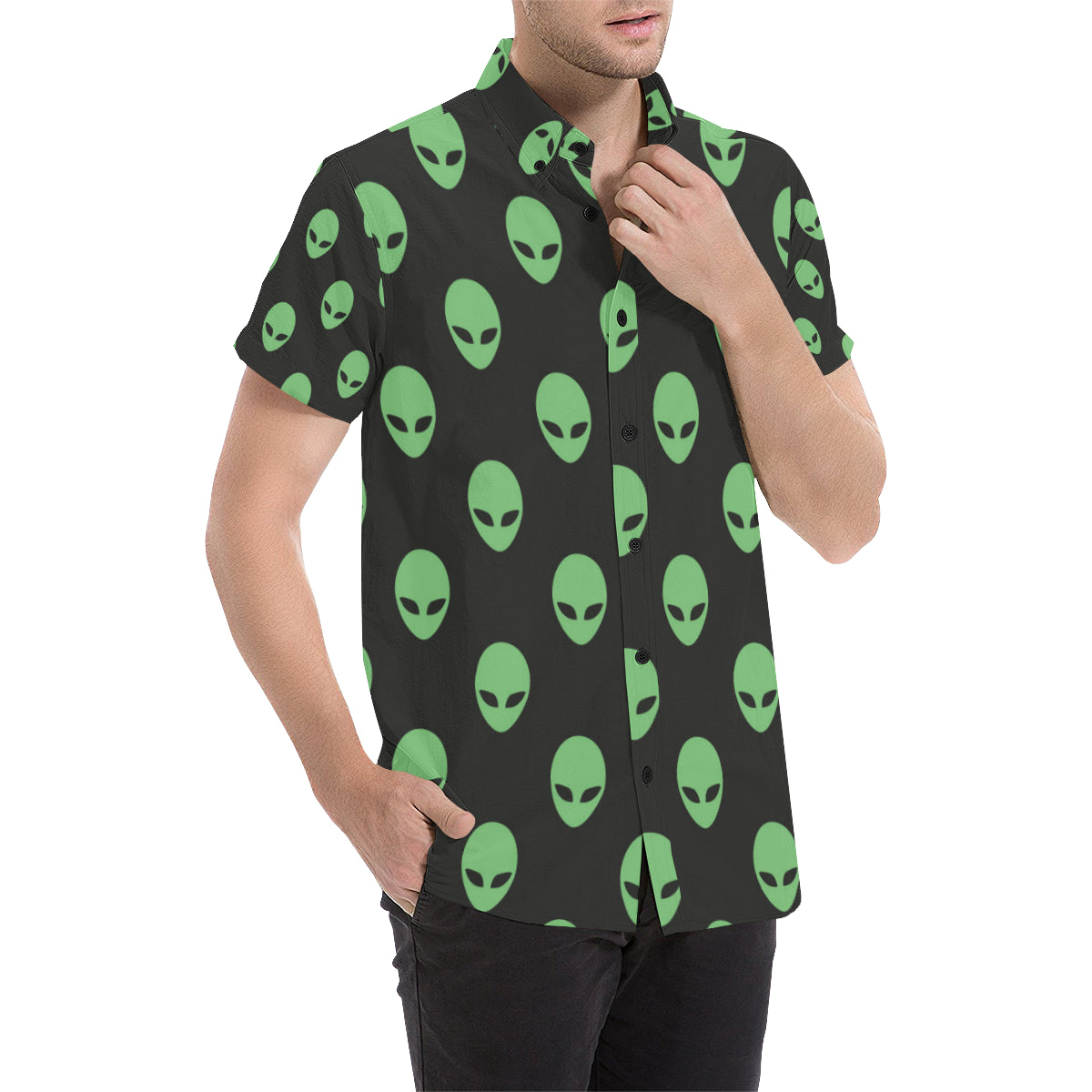 Alien Green Neon Pattern Print Design 01 Men's Short Sleeve Button Up Shirt