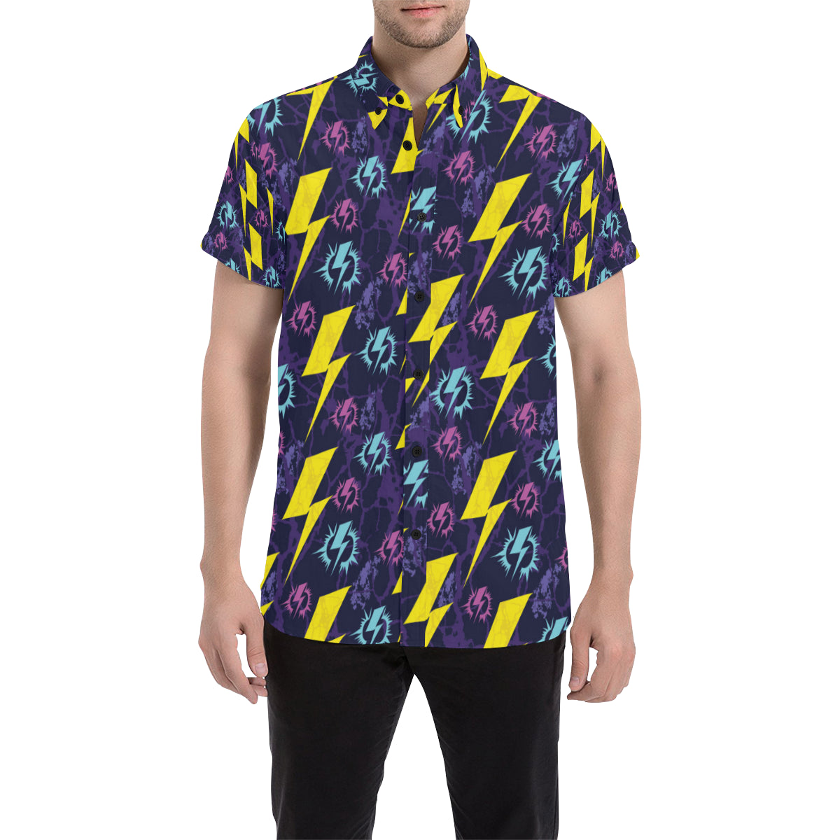 Lightning Thunder Pattern Print Design 01 Men's Short Sleeve Button Up Shirt