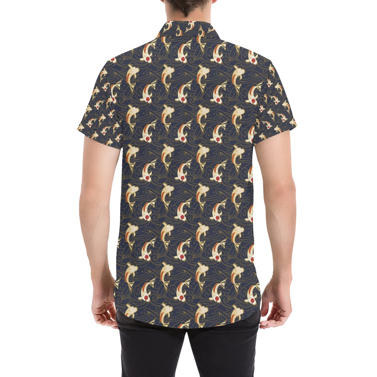 Koi Carp Japanese Design Themed Print Men's Short Sleeve Button Up Shirt