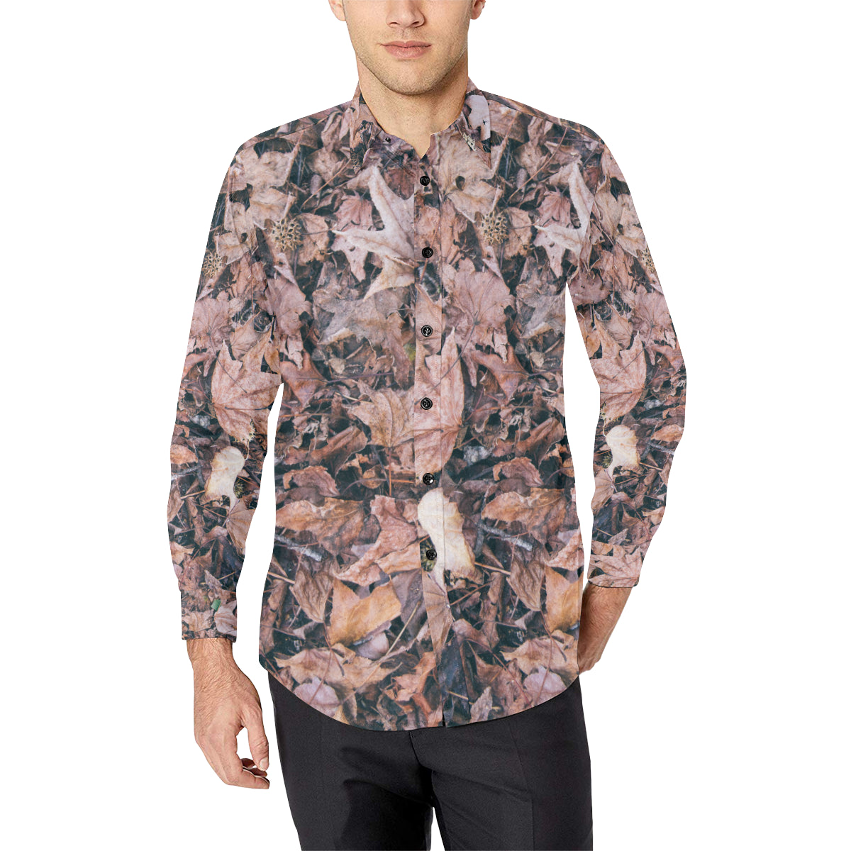 Camouflage Realistic Tree Leaf Print Men's Long Sleeve Shirt