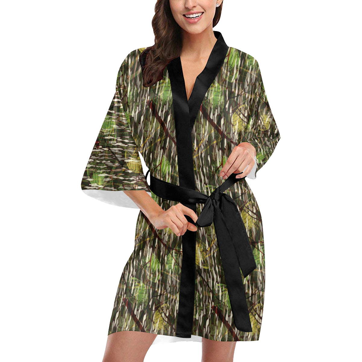 Camouflage Realtree Pattern Print Design 02 Women's Short Kimono