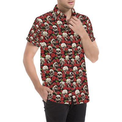 Skull Roses Design Themed Print Men's Short Sleeve Button Up Shirt