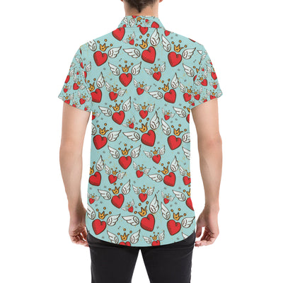 Angel Wings Heart Pattern Print Design 02 Men's Short Sleeve Button Up Shirt