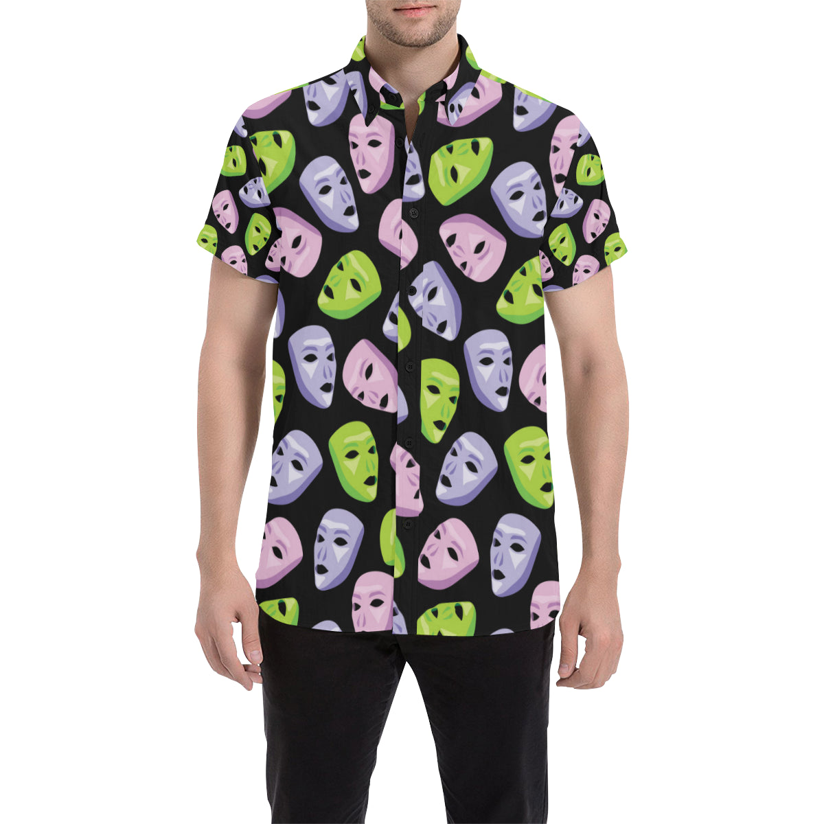 Acting Mask Pattern Print Design 04 Men's Short Sleeve Button Up Shirt