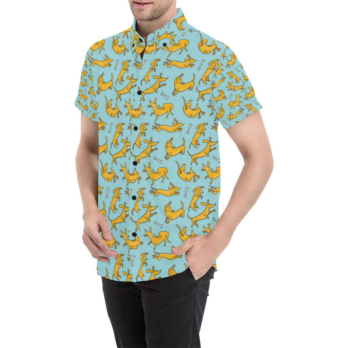 Dachshund Pattern Print Design 08 Men's Short Sleeve Button Up Shirt