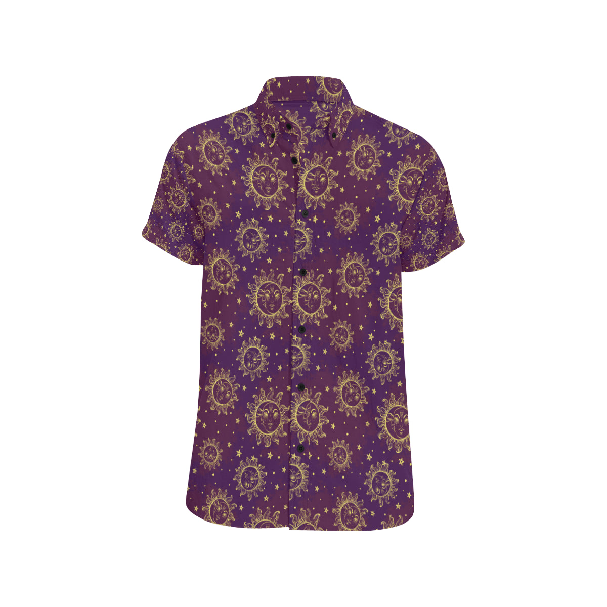 Sun Moon Star Design Themed Print Men's Short Sleeve Button Up Shirt