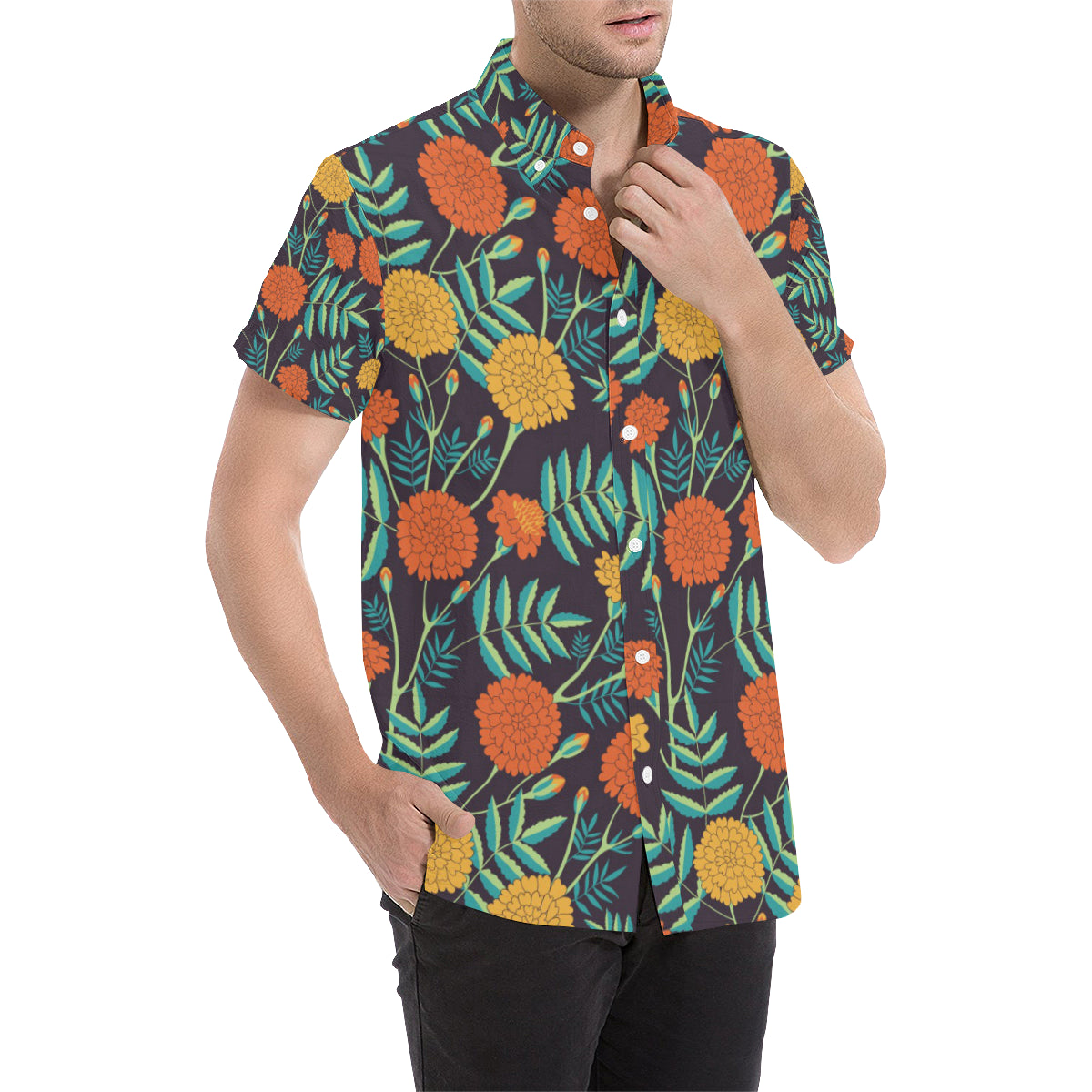 Marigold Pattern Print Design MR01 Men's Short Sleeve Button Up Shirt