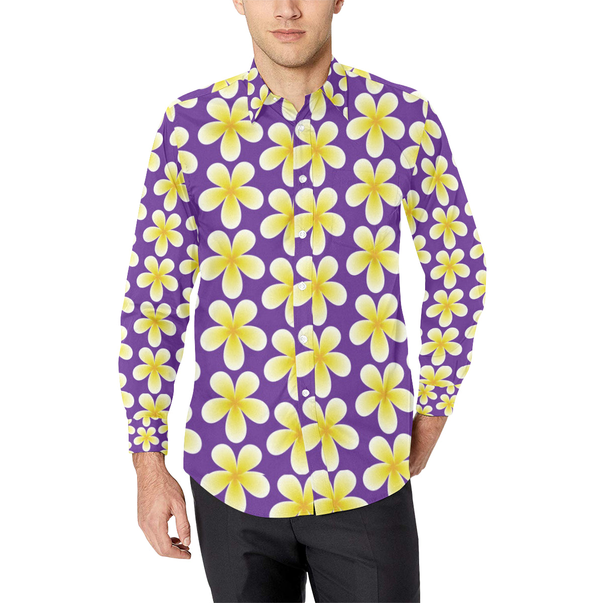 Yellow Plumeria Pattern Print Design PM05 Men's Long Sleeve Shirt
