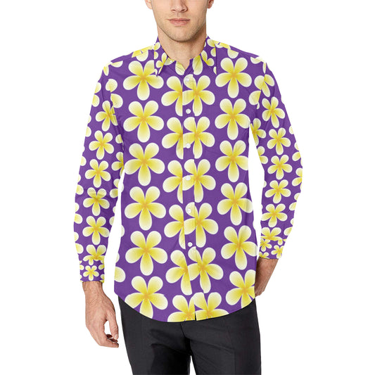 Yellow Plumeria Pattern Print Design PM05 Men's Long Sleeve Shirt