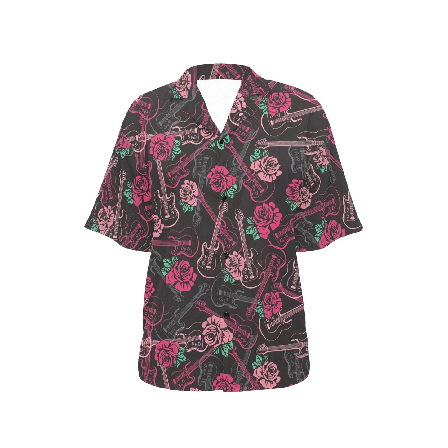 Bass Guitar Pink Rose Pattern Print Design 01 Women's Hawaiian Shirt