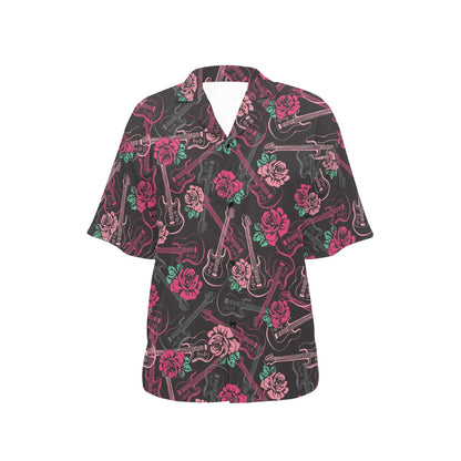 Bass Guitar Pink Rose Pattern Print Design 01 Women's Hawaiian Shirt