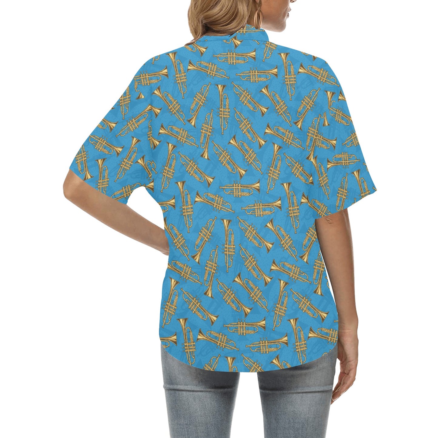 Trumpet Golden Pattern Themed Print Women's Hawaiian Shirt