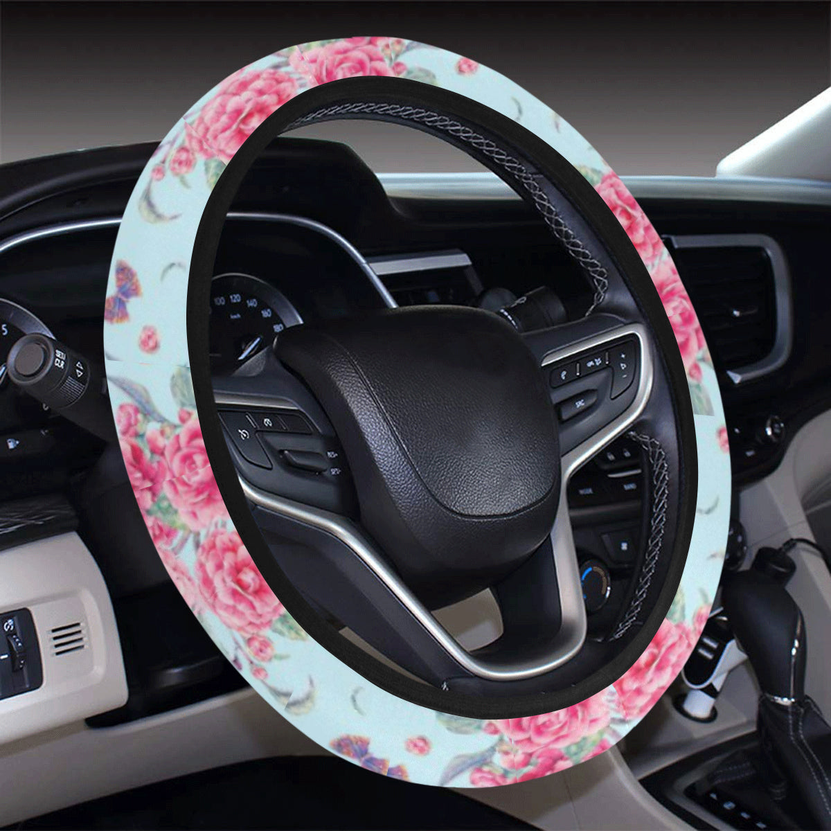 Camellia Pattern Print Design 01 Steering Wheel Cover with Elastic Edge