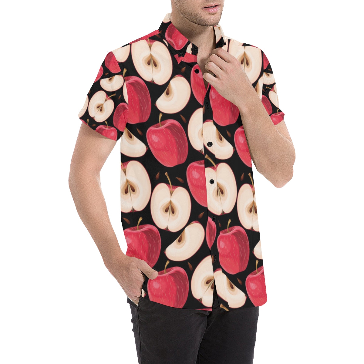 Apple Pattern Print Design AP02 Men's Short Sleeve Button Up Shirt