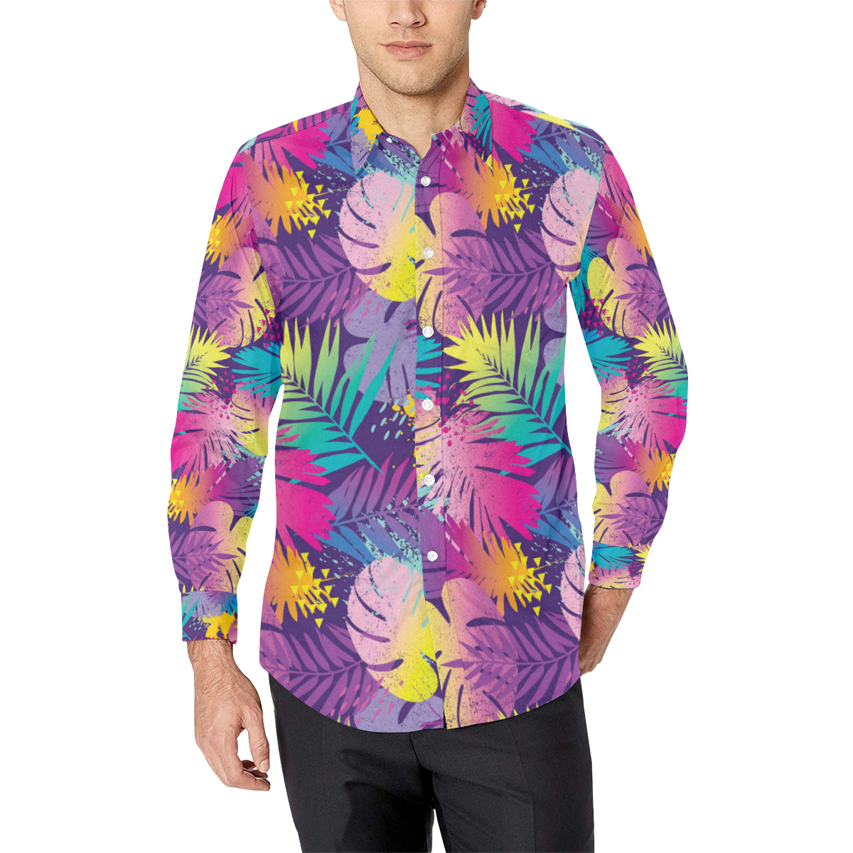 Palm Leaf Pattern Print Design A04 Men's Long Sleeve Shirt