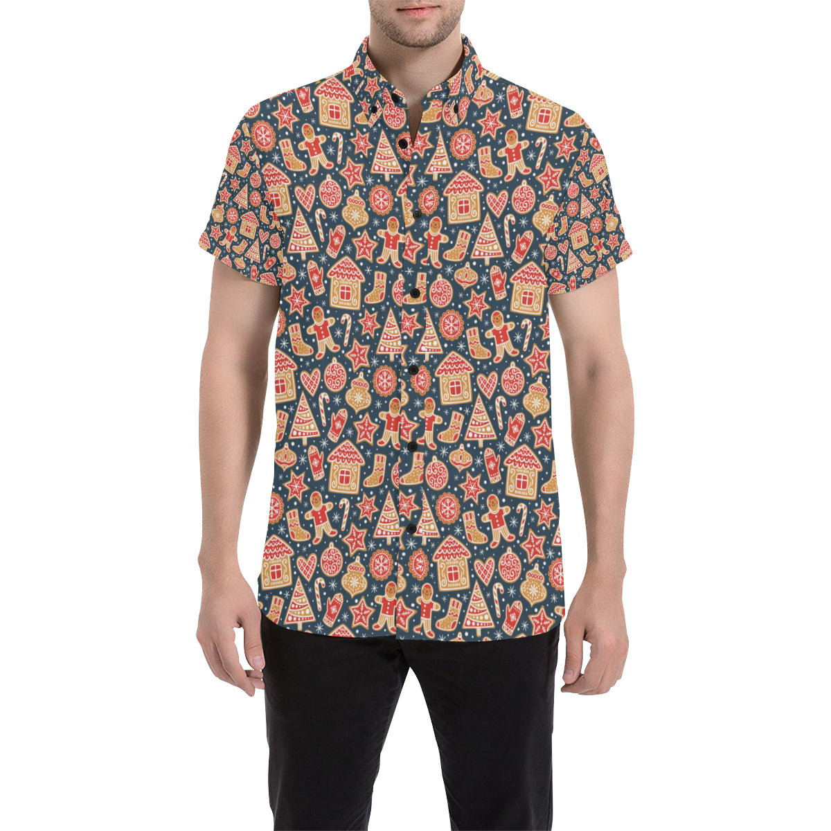 Gingerbread Pattern Print Design 03 Men's Short Sleeve Button Up Shirt