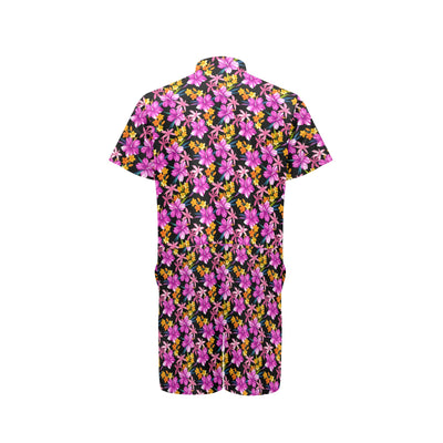 Tropical Folower Pink Hibiscus Print Men's Romper