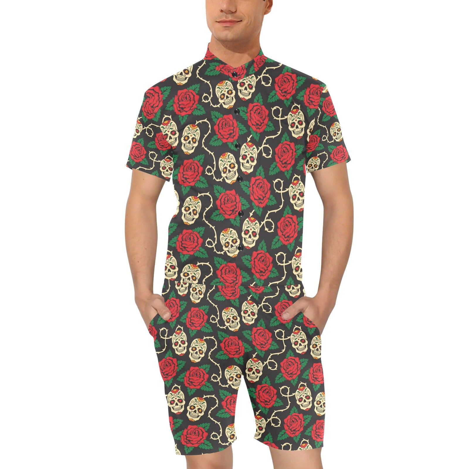 Sugar Skull Red Rose Print Design LKS301 Men's Romper