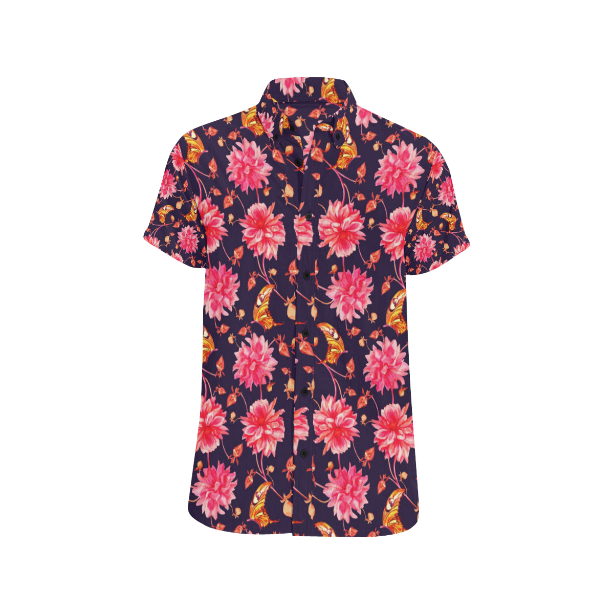 Dahlia Pattern Print Design DH03 Men's Short Sleeve Button Up Shirt