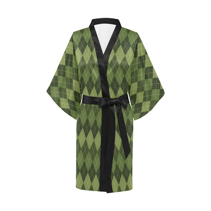 Argyle Green Pattern Print Design 01 Women's Short Kimono