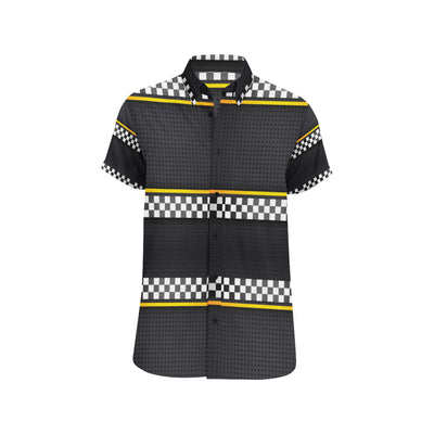 Checkered Flag Yellow Line Style Men's Short Sleeve Button Up Shirt