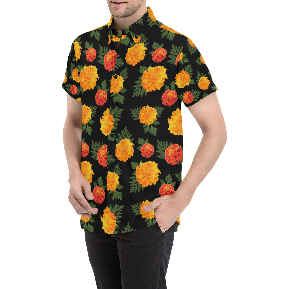 Marigold Pattern Print Design MR05 Men's Short Sleeve Button Up Shirt