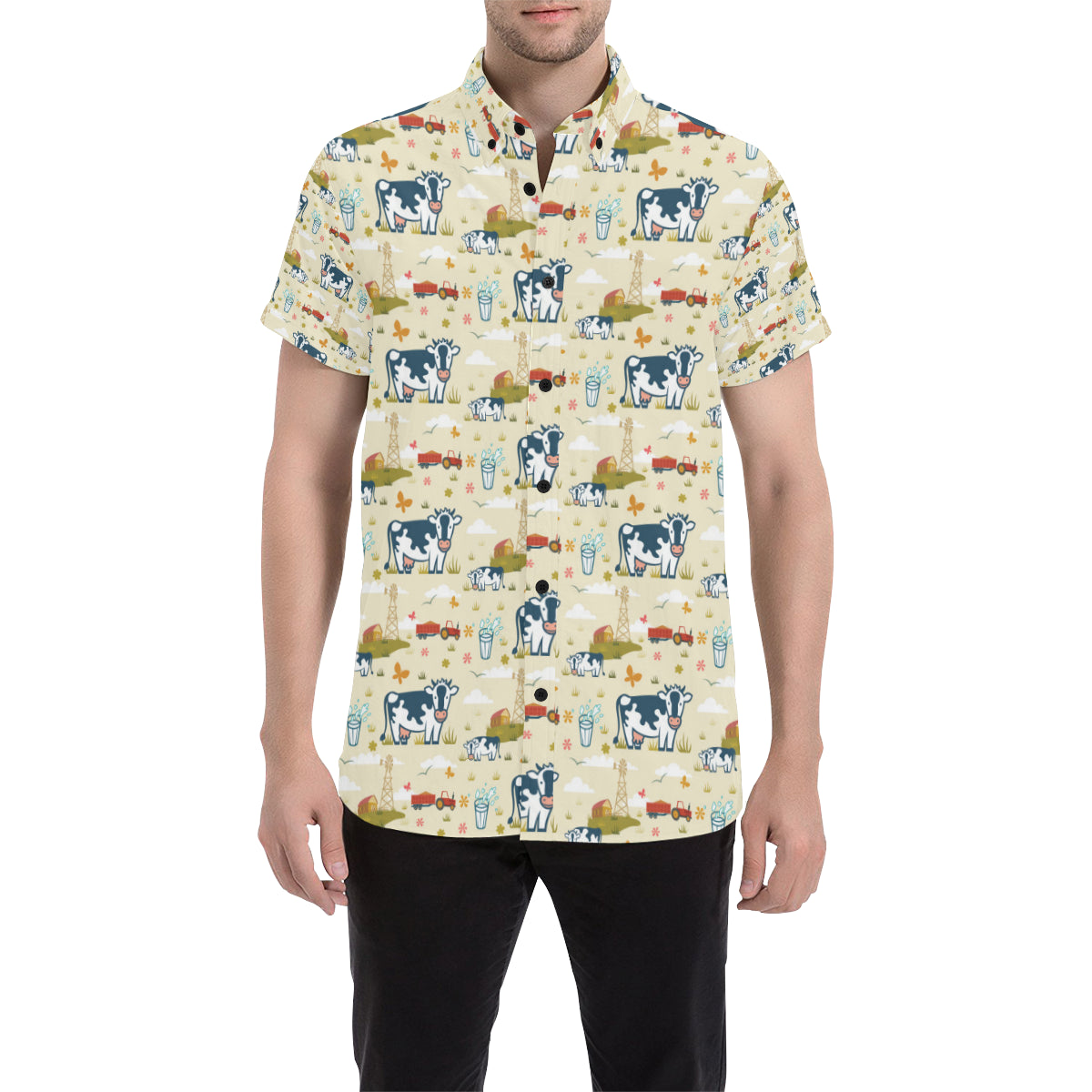 Cow Farm Design Print Men's Short Sleeve Button Up Shirt