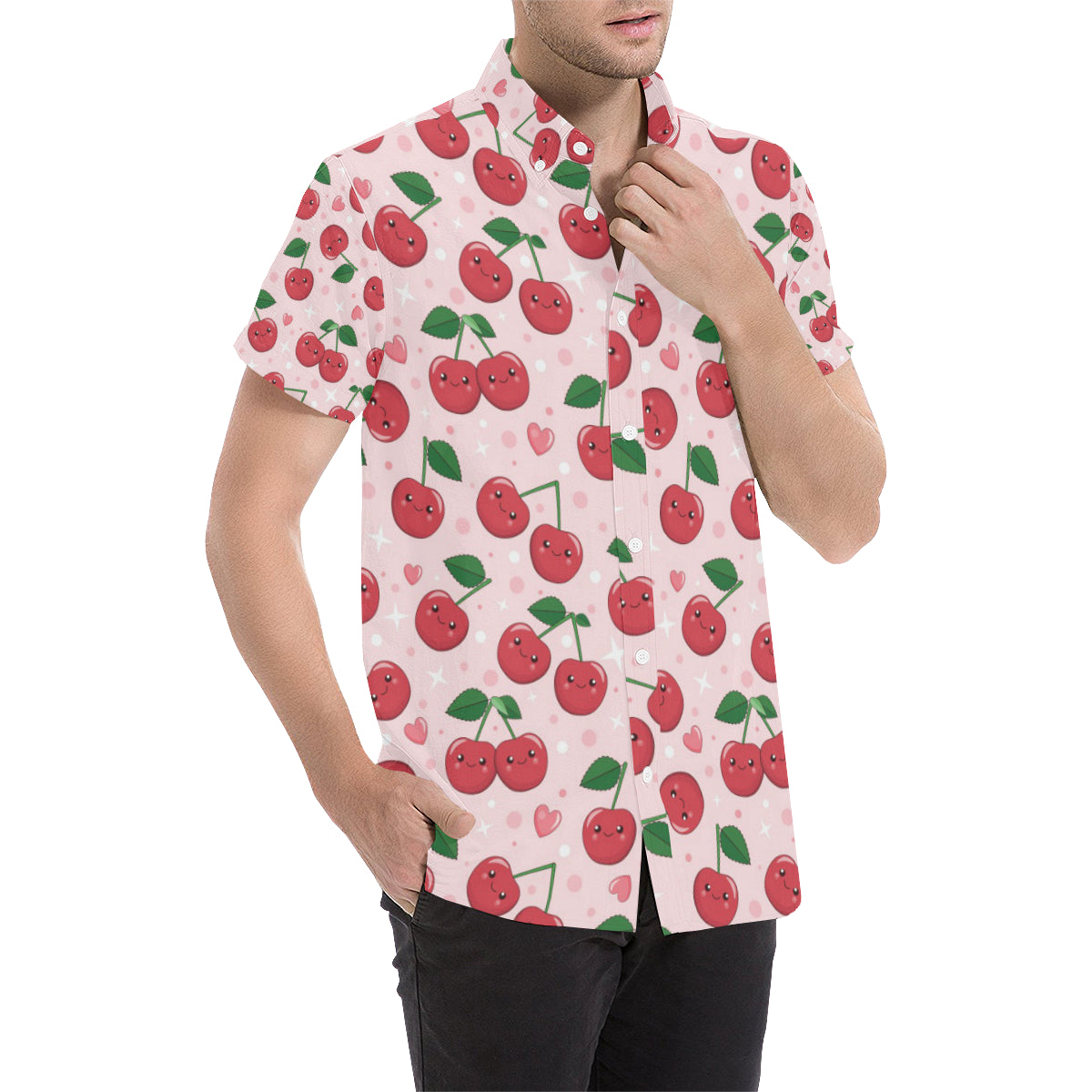 Cherry Pattern Print Design CH02 Men's Short Sleeve Button Up Shirt
