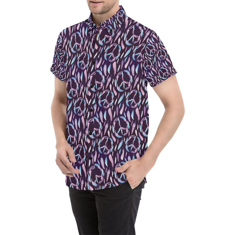 Peace Sign Feather Design Print Men's Short Sleeve Button Up Shirt