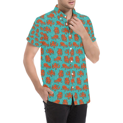 Octopus Cartoon Design Print Themed Men's Short Sleeve Button Up Shirt