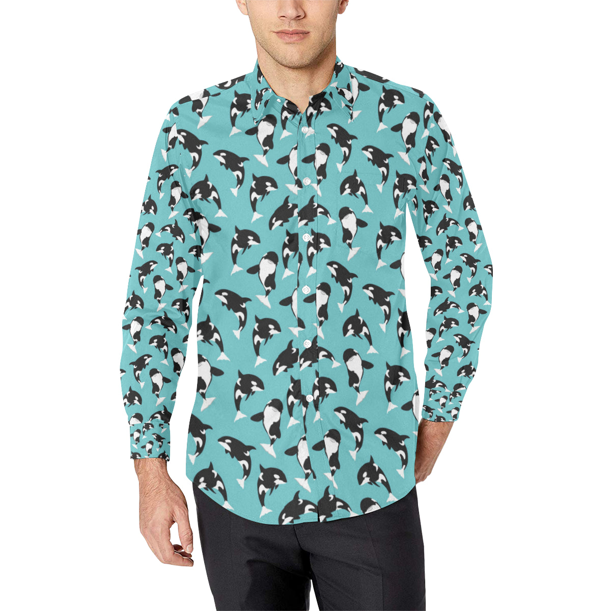 Whale Action Design Themed Print Men's Long Sleeve Shirt