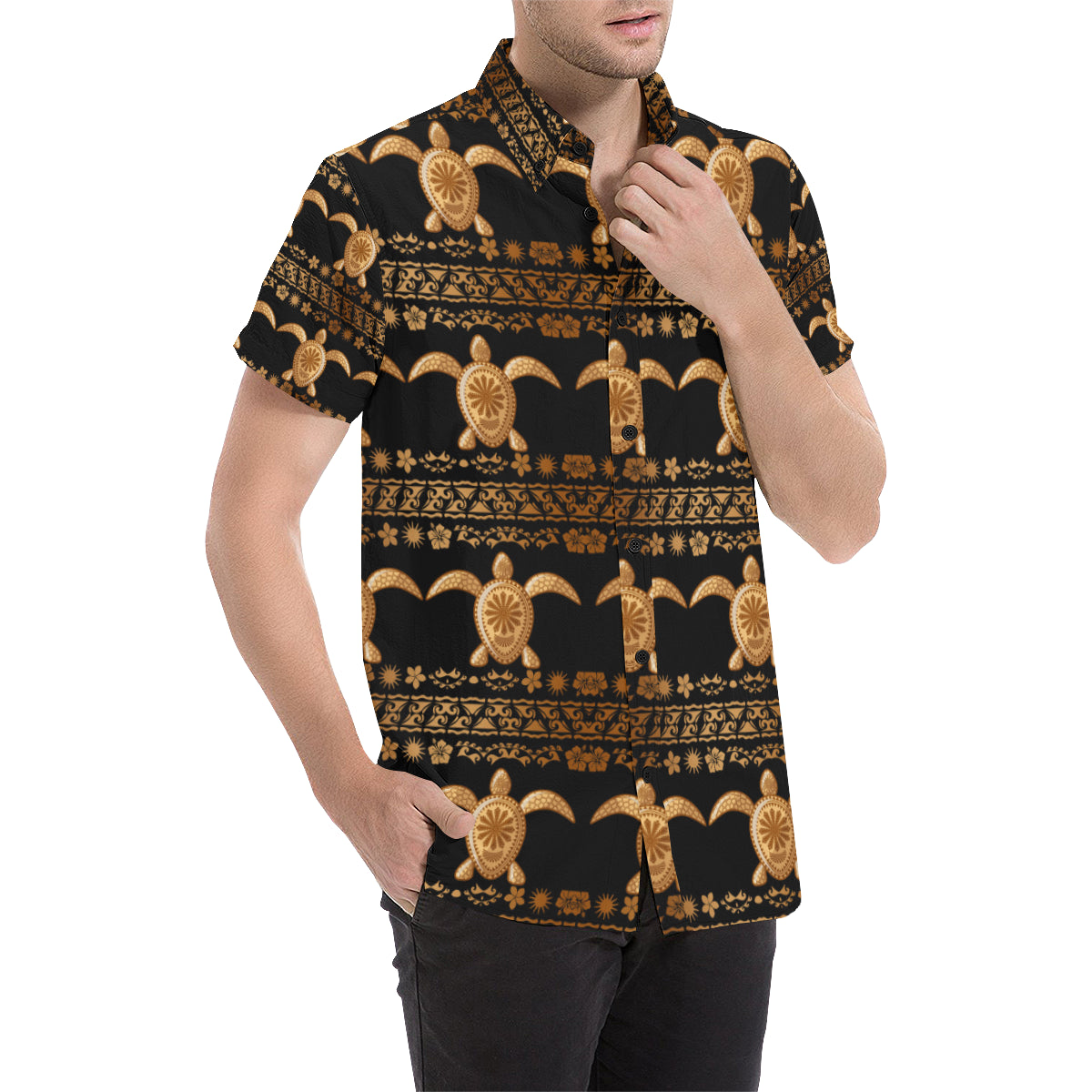 Tribal Sea turtle Polynesian Hawaiian Men's Short Sleeve Button Up Shirt