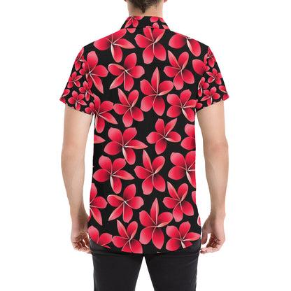 Red Plumeria Pattern Print Design PM025 Men's Short Sleeve Button Up Shirt
