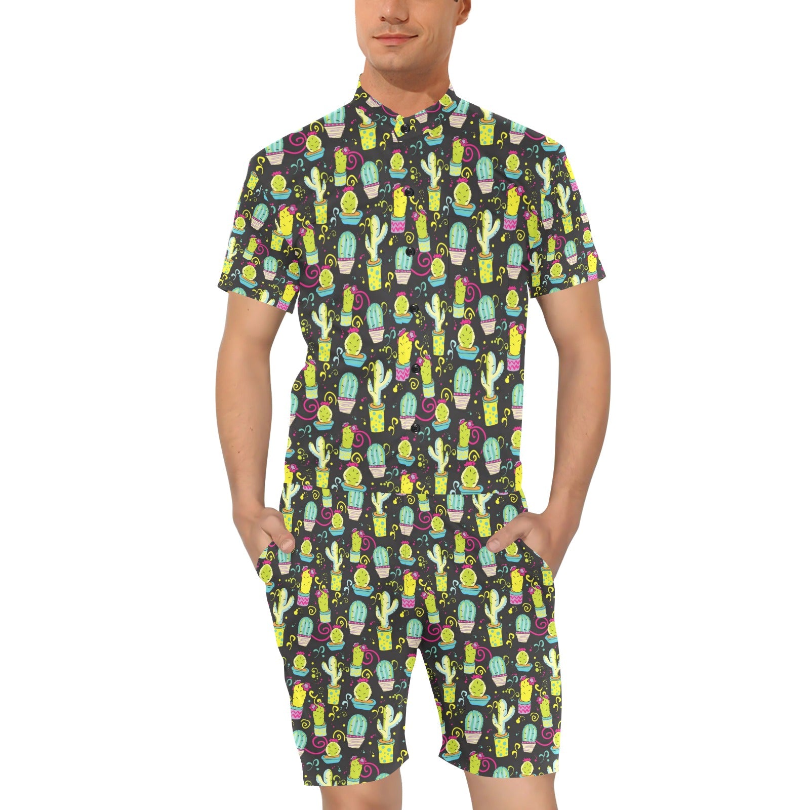 Cactus Neon Style Print Pattern Men's Romper