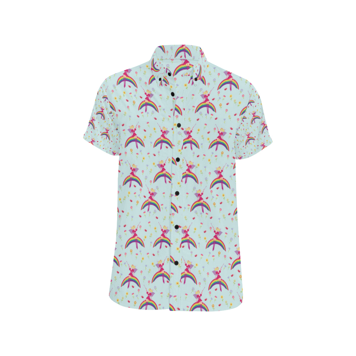 Fairy with Rainbow Print Pattern Men's Short Sleeve Button Up Shirt