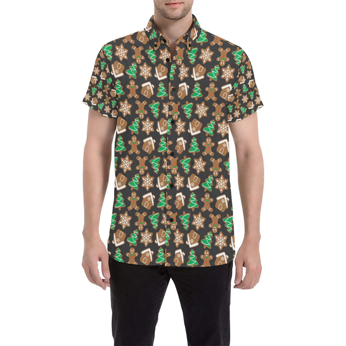 Gingerbread Pattern Print Design 02 Men's Short Sleeve Button Up Shirt