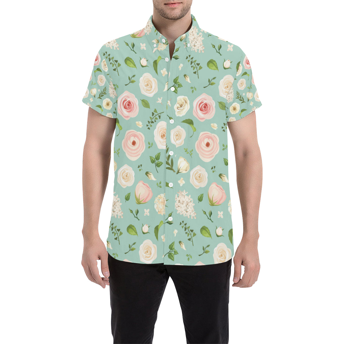 Lisianthus Pattern Print Design 01 Men's Short Sleeve Button Up Shirt