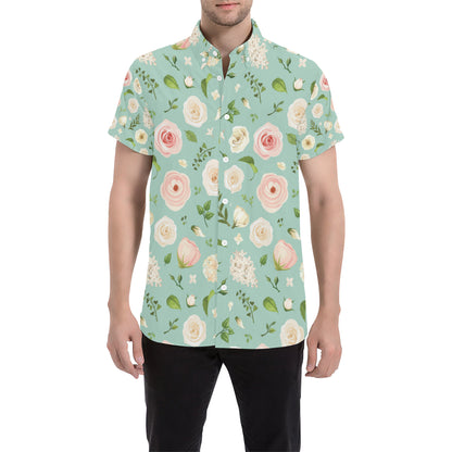 Lisianthus Pattern Print Design 01 Men's Short Sleeve Button Up Shirt