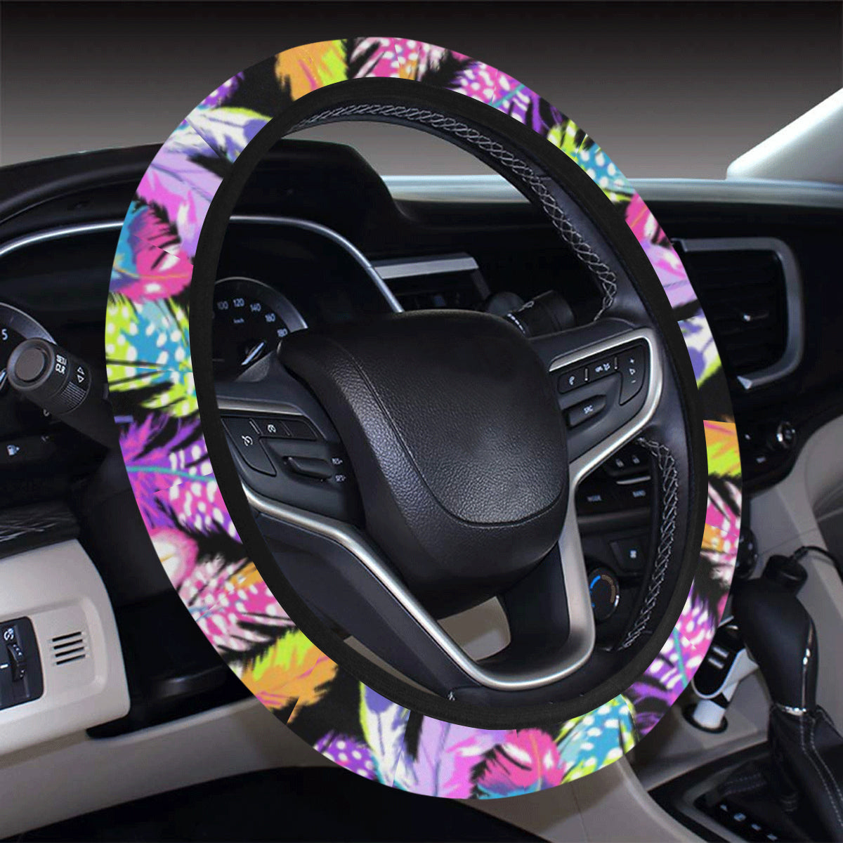 Neon Feather Pattern Print Design A02 Steering Wheel Cover with Elastic Edge