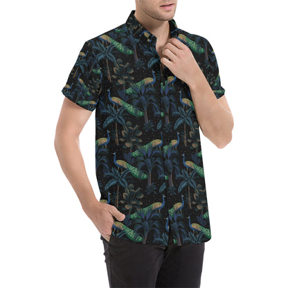 Rainforest Peacock Pattern Print Design A04 Men's Short Sleeve Button Up Shirt