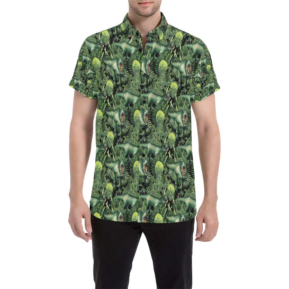 Dinosaur T Rex Print Pattern Men's Short Sleeve Button Up Shirt