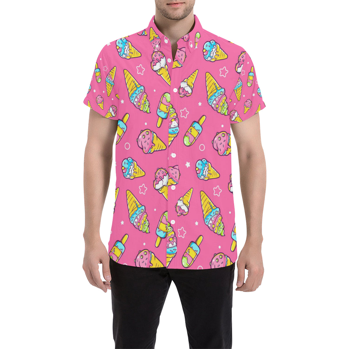Ice Cream Pattern Print Design IC04 Men's Short Sleeve Button Up Shirt
