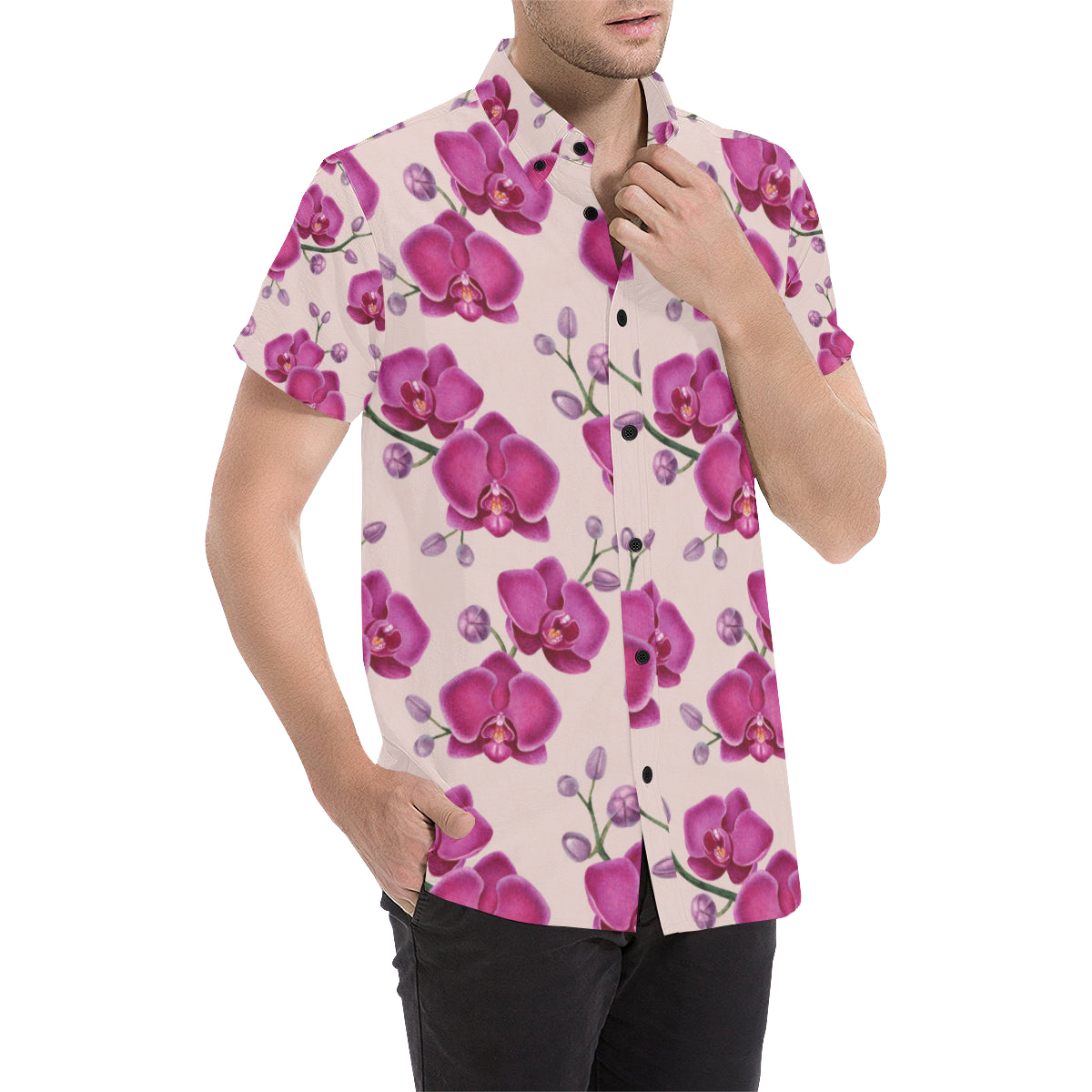 Orchid Pattern Print Design A02 Men's Short Sleeve Button Up Shirt