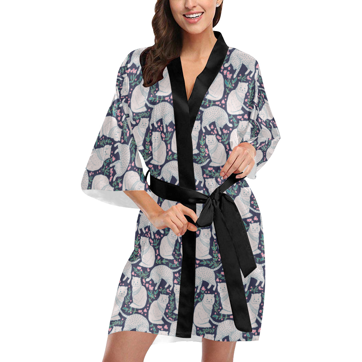 Cat Pattern Print Design 06 Women's Short Kimono