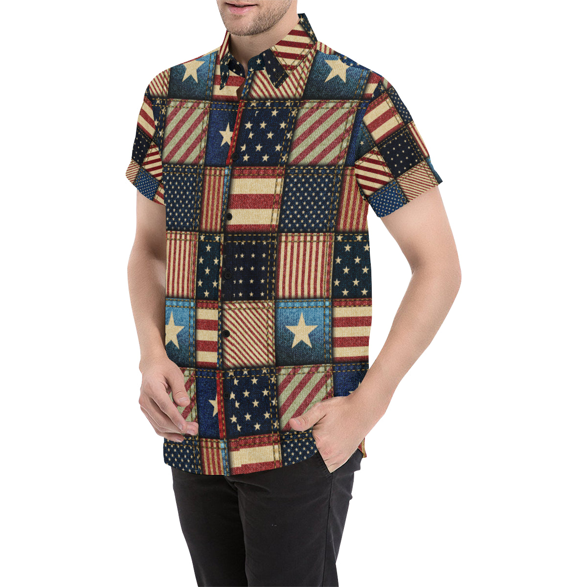 American flag Patchwork Design Men's Short Sleeve Button Up Shirt