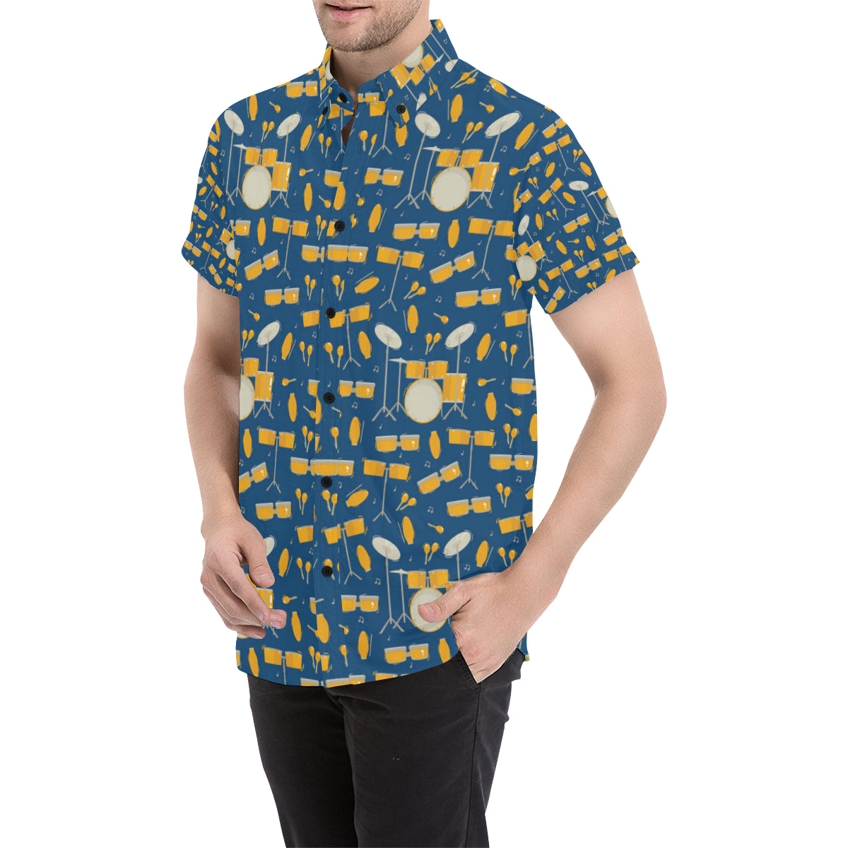 Drum Set Pattern Print Design 03 Men's Short Sleeve Button Up Shirt