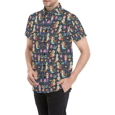 Mermaid Cartoon Pattern Print Design 03 Men's Short Sleeve Button Up Shirt