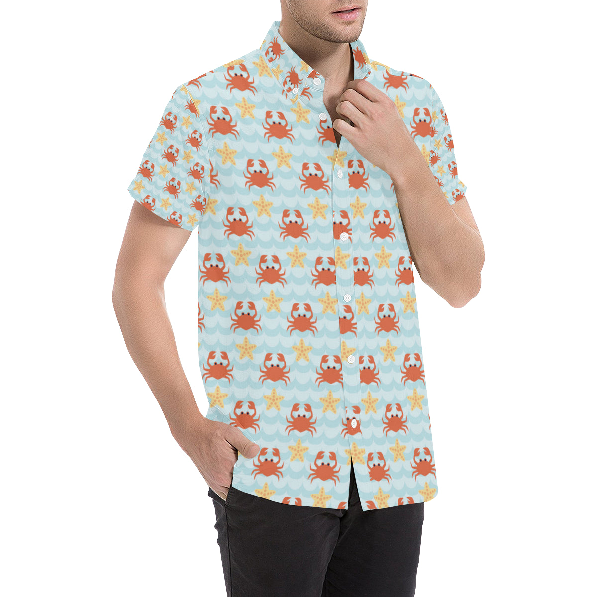 Crab Pattern Print Design 03 Men's Short Sleeve Button Up Shirt