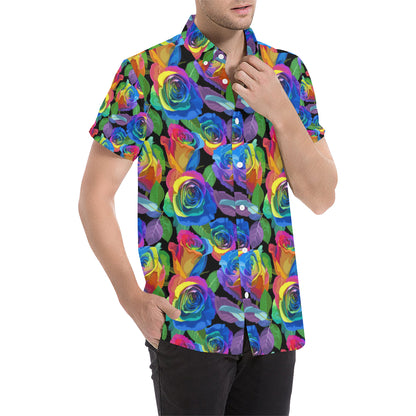 Rose Pattern Print Design RO02 Men's Short Sleeve Button Up Shirt