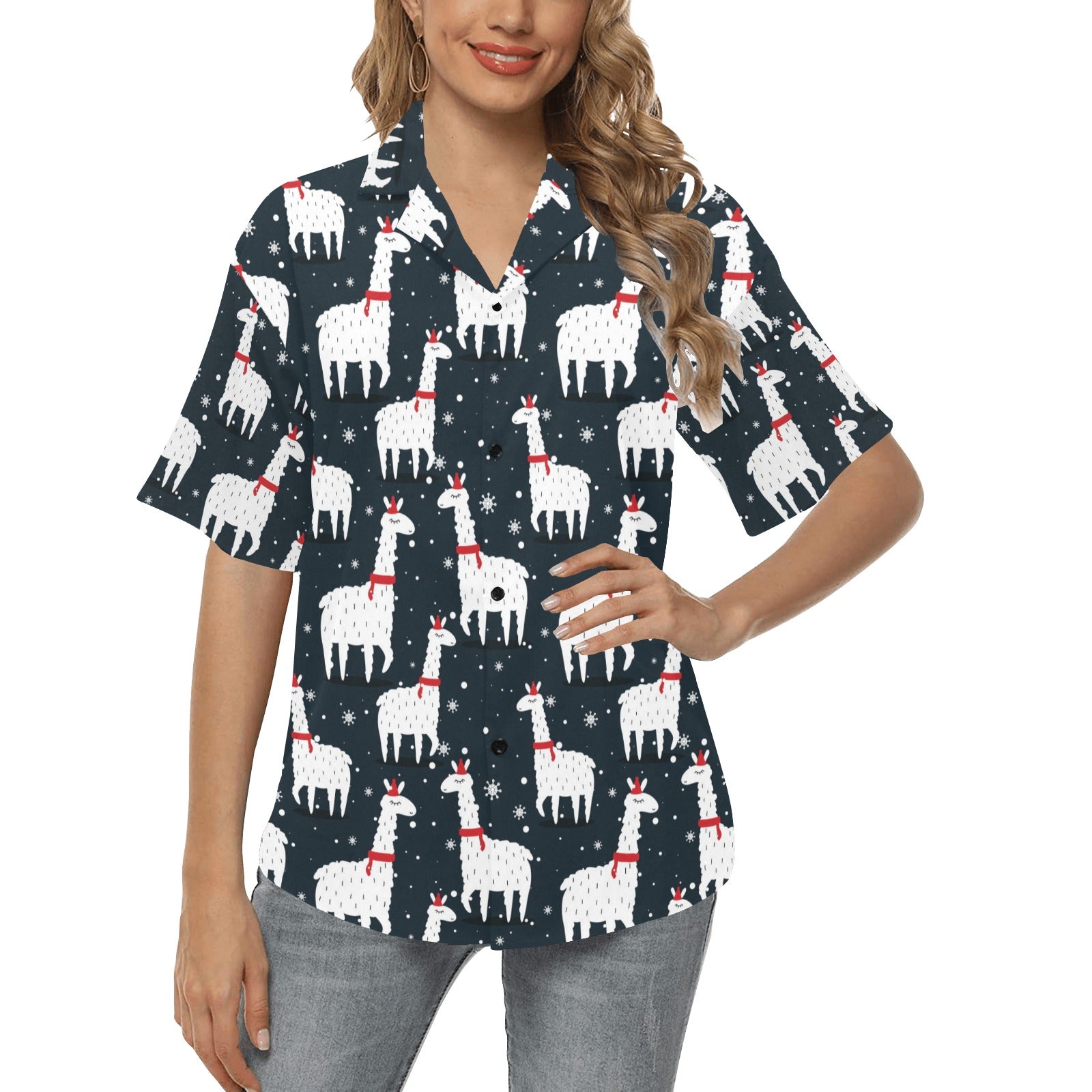 Alpaca Pattern Print Design 04 Women's Hawaiian Shirt